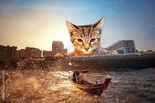 Fantastic illustration of huge cat watching at city background