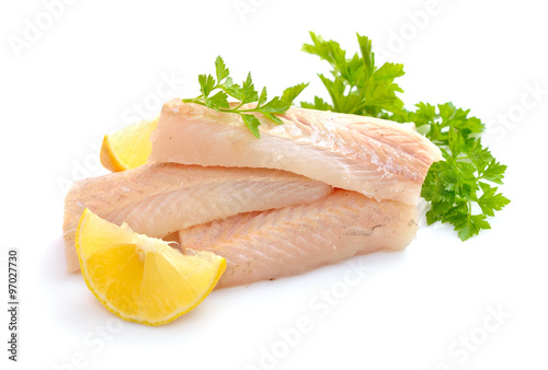 Raw Hake fish fillet pieces.