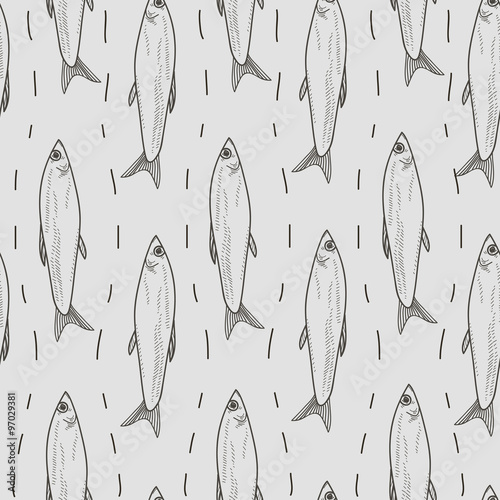 Cute vector seafood background seamless texture with anchovies