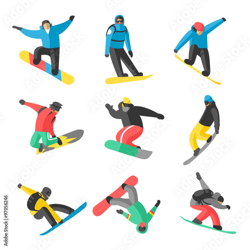 Snowboarder jump in different pose on white background
