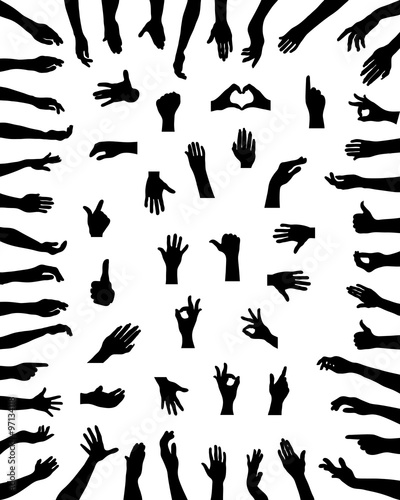 Black silhouettes of various positions of hands, vector