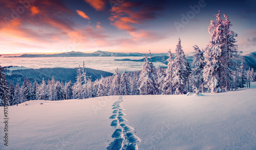 Foggy winter sunrise in the snowy mountain