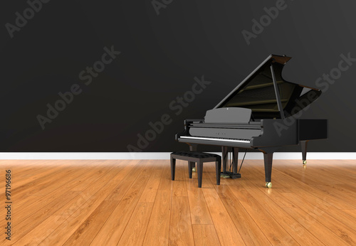 grand piano on wooden glossy floor