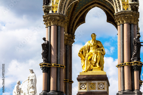 Albert Memorial in London situated in Kensington Gardens. Statue of Albert, by John Henry Foley and Thomas Brock