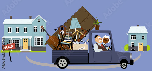 Senior couple moving their belongings from a big family house into a smaller home, EPS 8 vector illustration