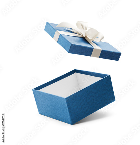 Blue open gift box with white bow isolated on white