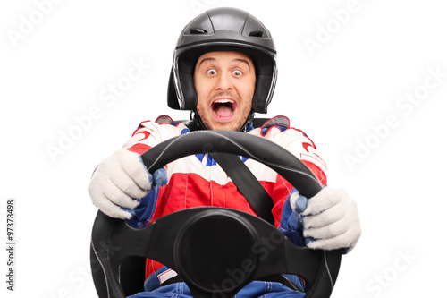 Excited car racer driving very fast