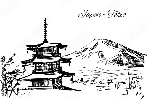 Hand drawn japanese multi-storey pagoda scene
