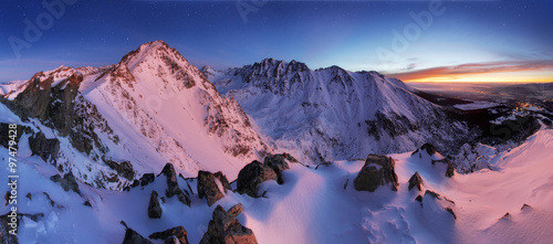 Winter mountain panorama landscape at night, Slovakia Tatras