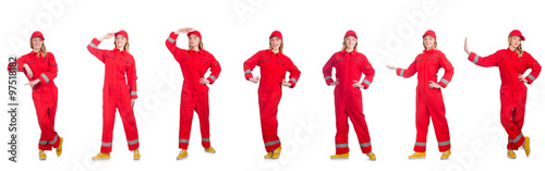 Woman in red overalls isolated on white