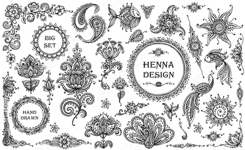 Vector Set of henna floral and animal elements