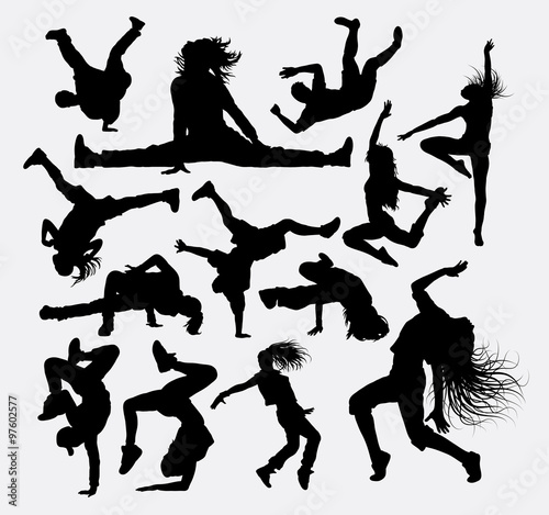 People dance pose, male and female silhouettes. Good use for symbol, logo, web icon, mascot, sticker design, or any design you want. Easy to use, edit or change color.
