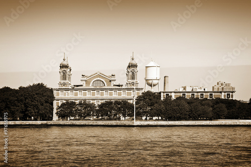 Ellis island in New York City, vintage sepia process