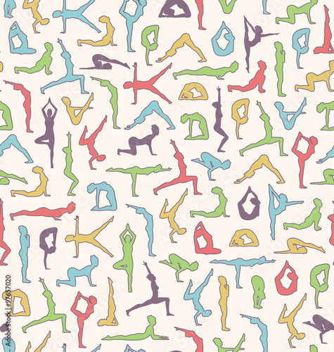 Yoga Seamless Pattern with Asanas Poses Isolated on Beige