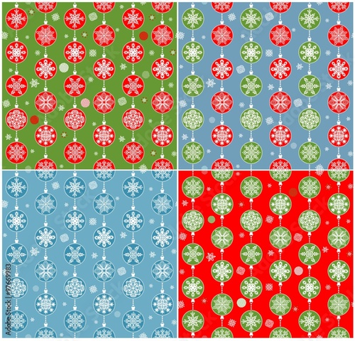 Red, blue and green wallpapers with hanging baubles for winter holidays