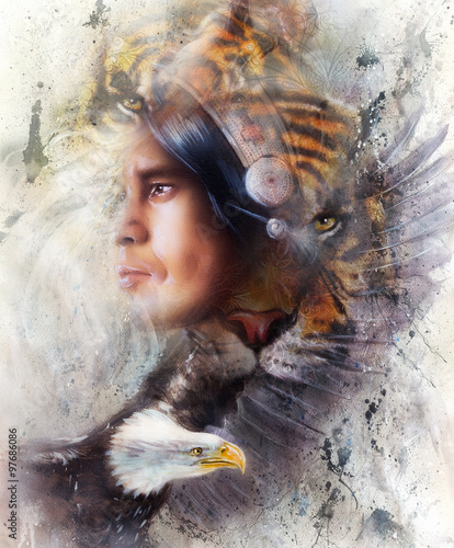 tiger with eagle and indian warrior and headdress illustration. wildlife animals on painting background, Eye contact, White, black and brown color