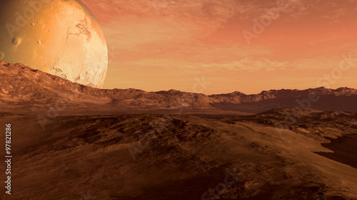Red planet with arid landscape, rocky hills and mountains, and a giant Mars-like moon at the horizon, for space exploration and science fiction backgrounds.