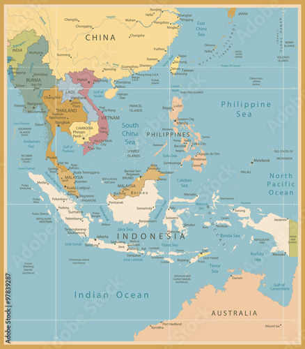 Southeast Asia Map Detailed Vintage Colors
