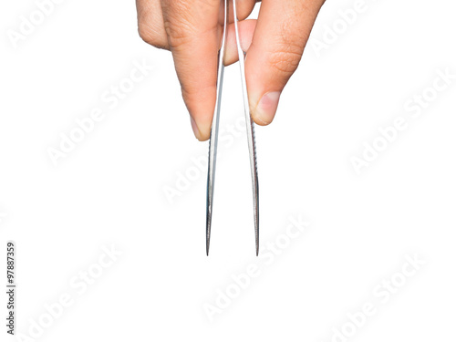 Man hand with tweezers