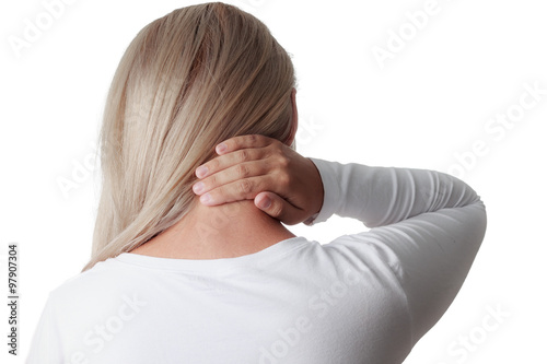 woman holding the neck isolated on white background. meningitis