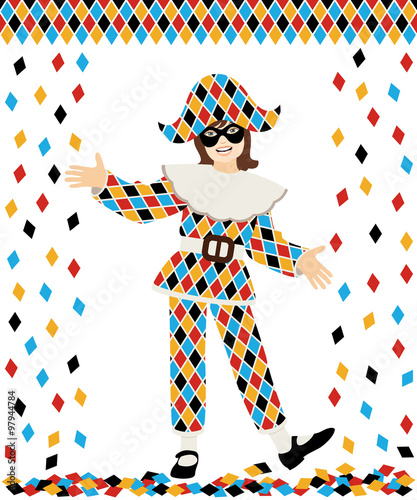 Girl with Harlequin costume and confetti on white background