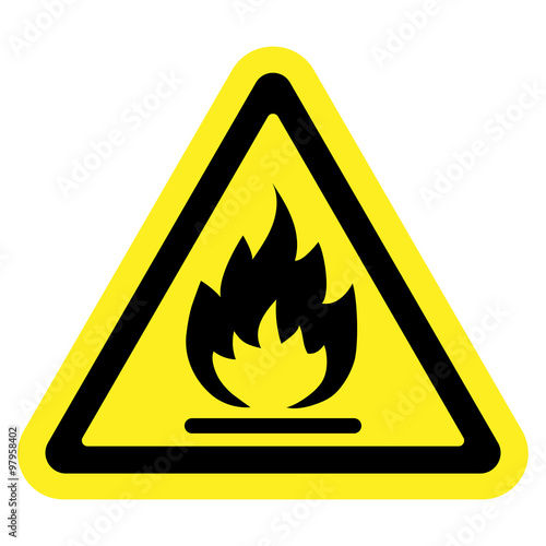 Fire warning sign in yellow triangle, isolated on white background. Flammable, inflammable substances icon. Hazard icon. Vector illustration