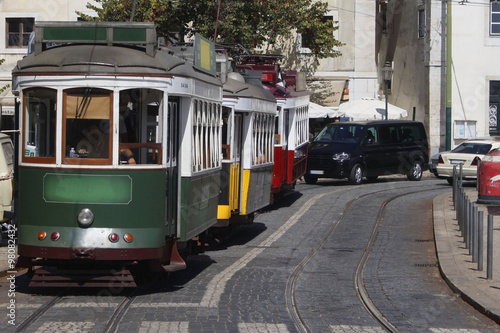 Three trams in Lisbon, Portugal