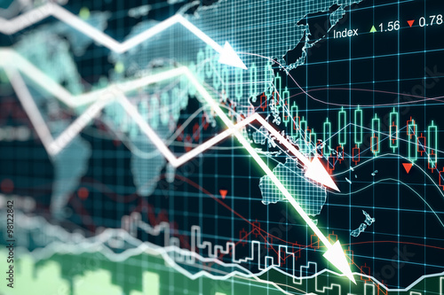 Business chart with glowing arrows and world map