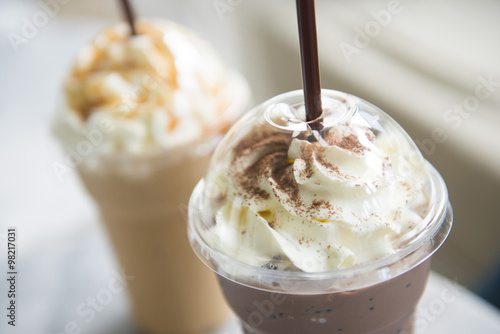 ice chocolate and caramel frappe in the takeaway plastic cup