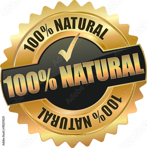 golden shiny vintage 100% natural 3D vector icon seal sign button shield star with checkmark