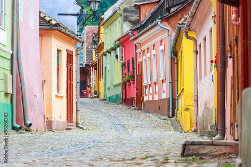 Medieval street view in Sighisoara founded by saxon colonists in