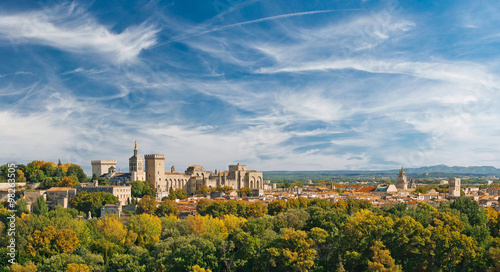Wide panoramic view of old town and Papal palace in Avignon