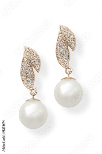 gold earrings with pearls isolated on white