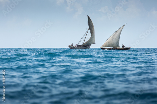 Dhow wooden fisher boat on the Indian Ocean near Zanzibar, Tanza