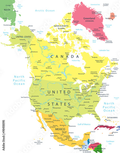 North America Detailed Political Map Isolated On White