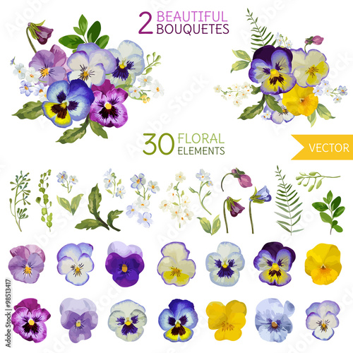 Vintage Pansy Flowers and Leaves - in Watercolor Style