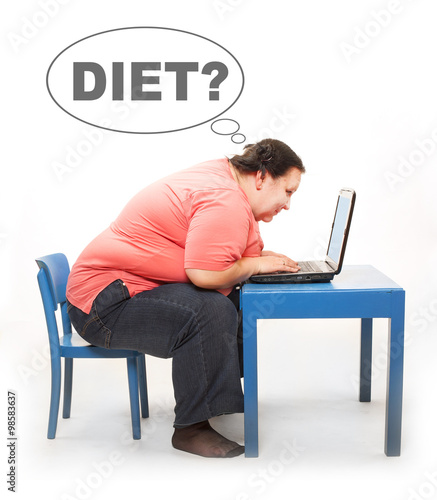 Overweight woman finding new diet online on her laptop. Picture with comic bubble for your text.