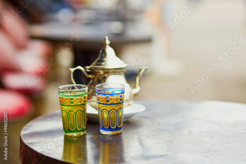Traditional Moroccan mint tea in a cafe of Marrakech