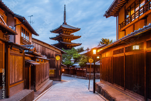 Japanese pagoda and old house in Kyoto at twilight