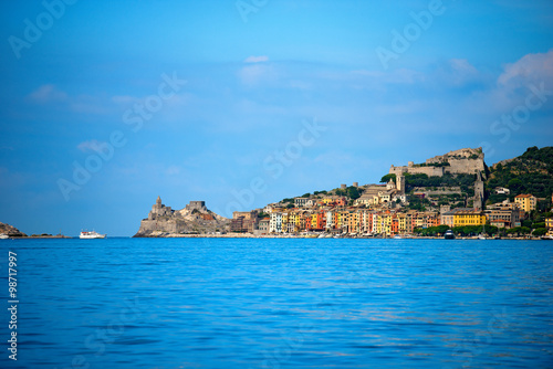 Cityscape of Portovenere - Liguria Italy / View of Portovenere or Porto Venere (UNESCO world heritage site), seen from the Golfo dei Poeti (Gulf of poets or Gulf of La Spezia) Italy