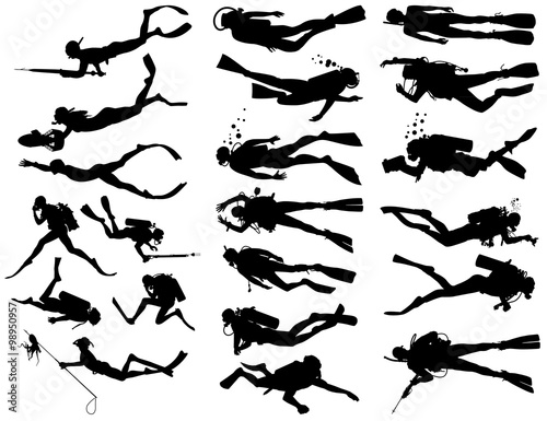 Scuba and snorkeling vector silhouettes