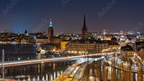 Stockholm at Night. Beautiful nightscape of Stockholm city center, the Venice of the North. From left to right, Kungsholmen, Stockholm City Hall, Riddarholmen and Gamla Stan are pictured here.