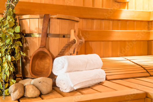 wooden Finnish sauna, shooting objects in the the empty steam ro