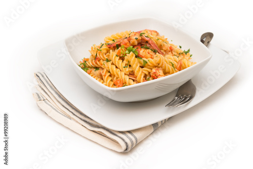 Fusilli ai gamberi e pomodoro, pasta with shrimps and tomato sauce