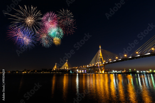 Fireworks over Bhumibol Bridge or Industrial Ring Road bridge