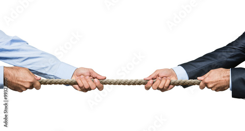 Tug war, two businessman pulling rope in opposite directions
