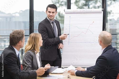 Businessmen are meeting near the flipchart