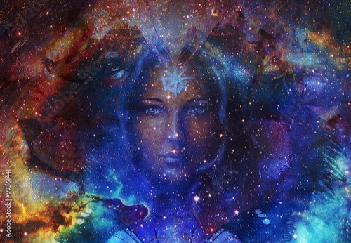 Beautiful Painting Goddess Woman and Color space background with stars.
