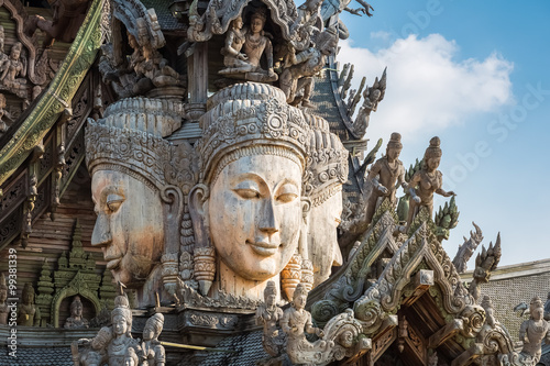 closeup of the wooden statues in sanctuary of truth