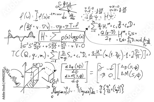 Complex math formulas on whiteboard. Mathematics and science with economics